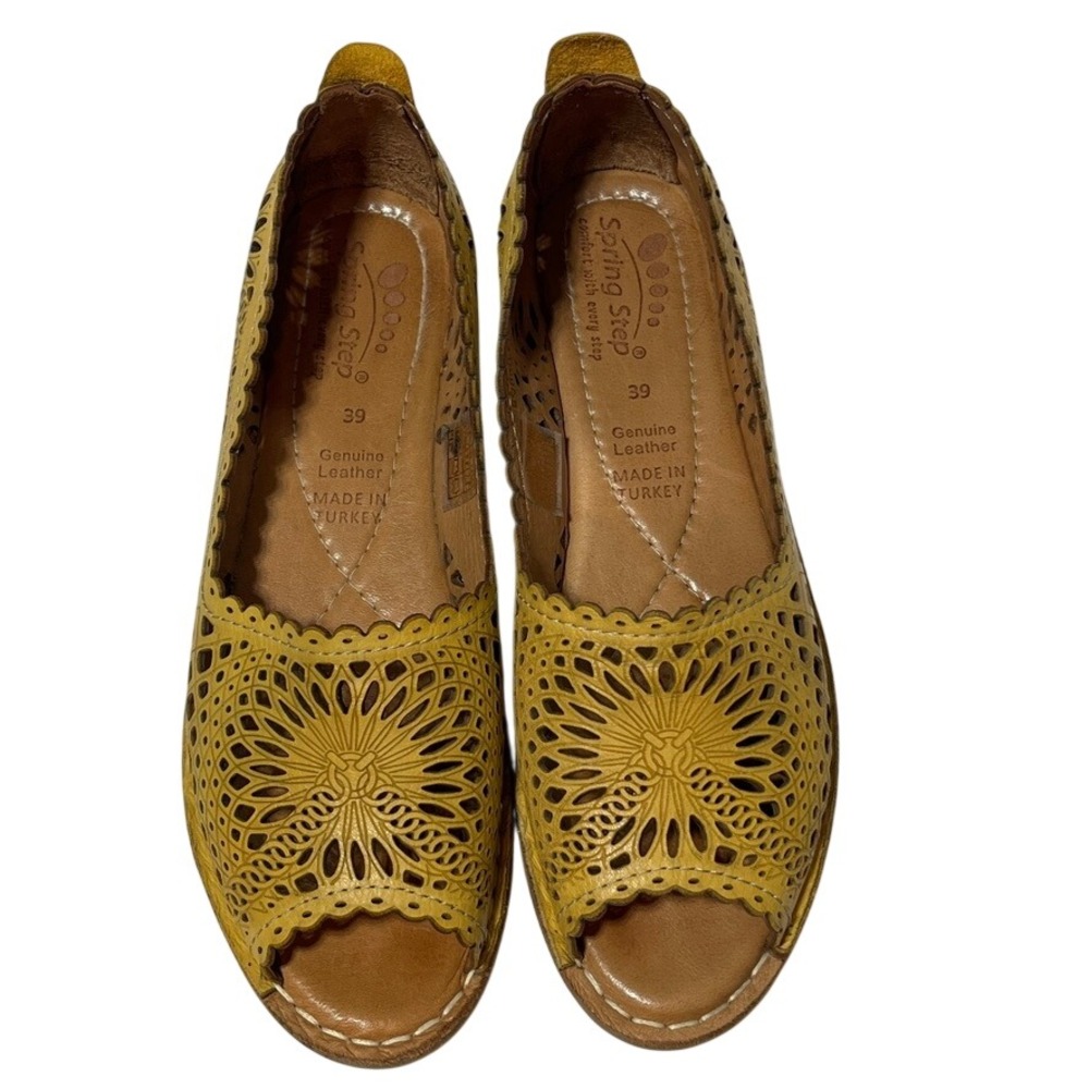 Spring Step Bormeda Yellow Leather Laser Cut Peep Toe Shoes Womens 39/8.5 Boho